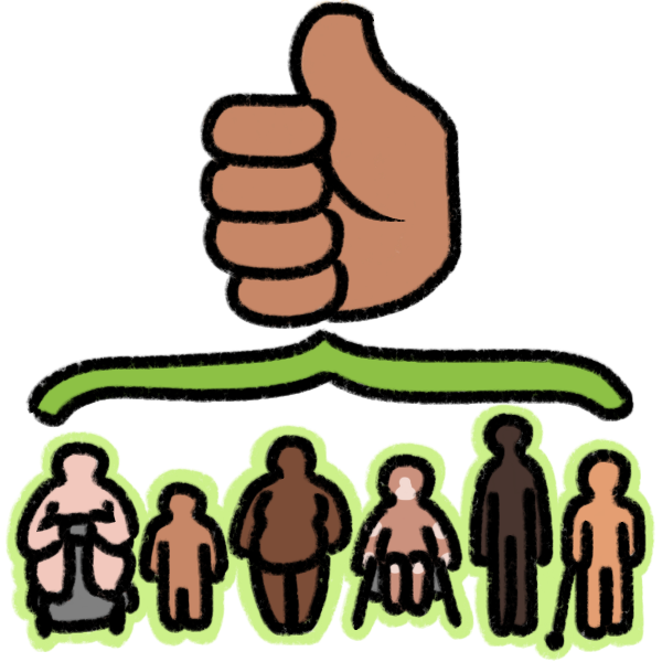  several people of various sizes, heights, abilities, and ethnicities, in a row, with a light green border. over all of them is a green bracket and a thumbs up.